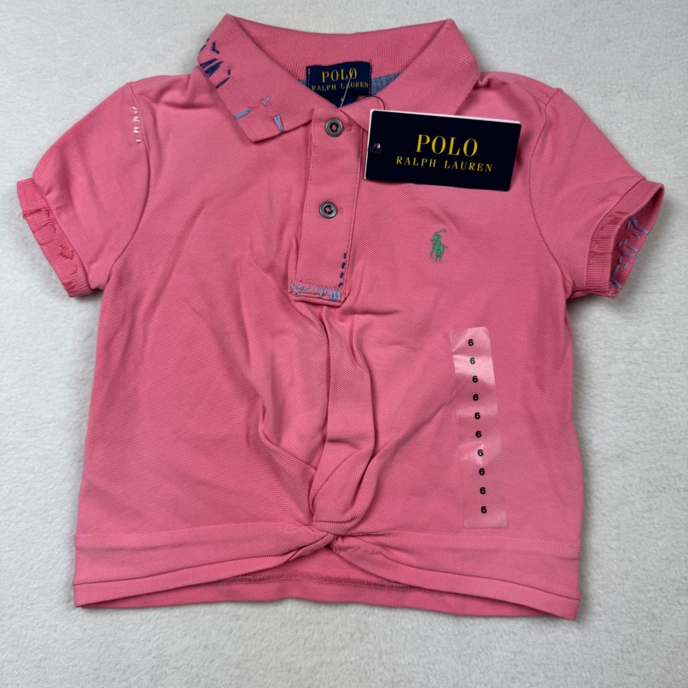Polo Ralph Lauren Girls Size 6 Pink Polo Shirt Green Pony‎ Logo Tie Front